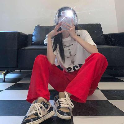 Women's American Retro Red High-Waisted Wide-Leg Jeans (Spring/Summer 2025)