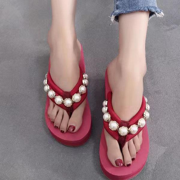 Summer Pearl Flip-flops for Women Thick Bottom Non-slip Sandals Female Clip-on Slippers Lightweight Solid Colour Beach Shoes