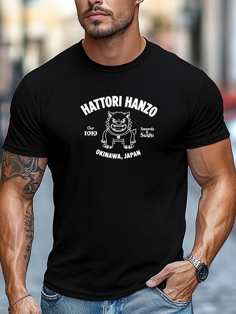 Unisex Black Crew Neck Tee Vintage Hattori Hanzo Okinawa Japan Lion Guardian Swords And Sushi Retro Print Soft Cotton Male Tops