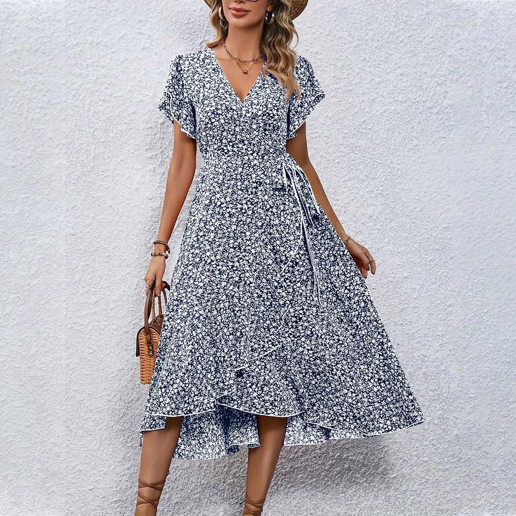 Women's V-Neck Waisted Floral Short Sleeve Dresses