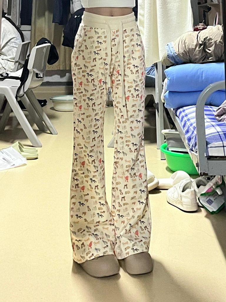 Plus Size High Waist Puppy Print Flare Pants - L To 6XL