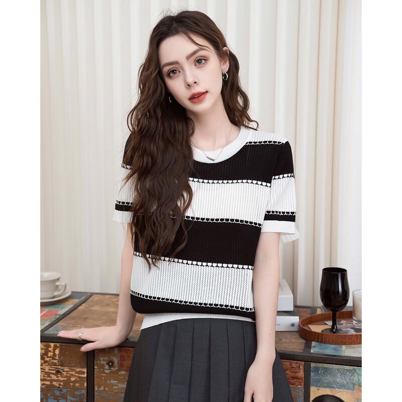 ET BOITE Women s Color-Block Striped Cutout Knit T-Shirt One Size