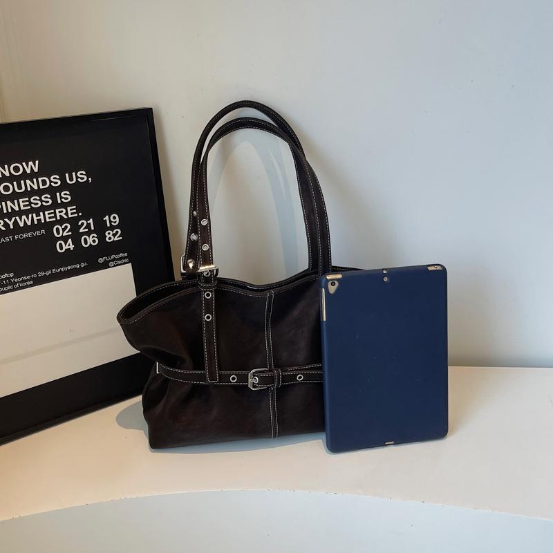 Womens Casual PU Leather Tote Bag Belt Buckle Detail Stitch Accent Large Capacity Minimalist Daily Bag for Commute Travel Everyday Use Durable