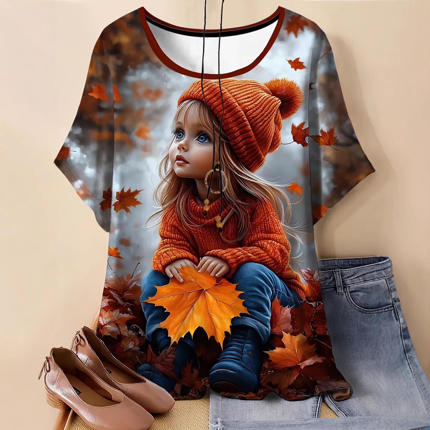 2026 Women s Large Denim Girl Pattern T-shirt Casual Short Sleeve Round Neck Top L