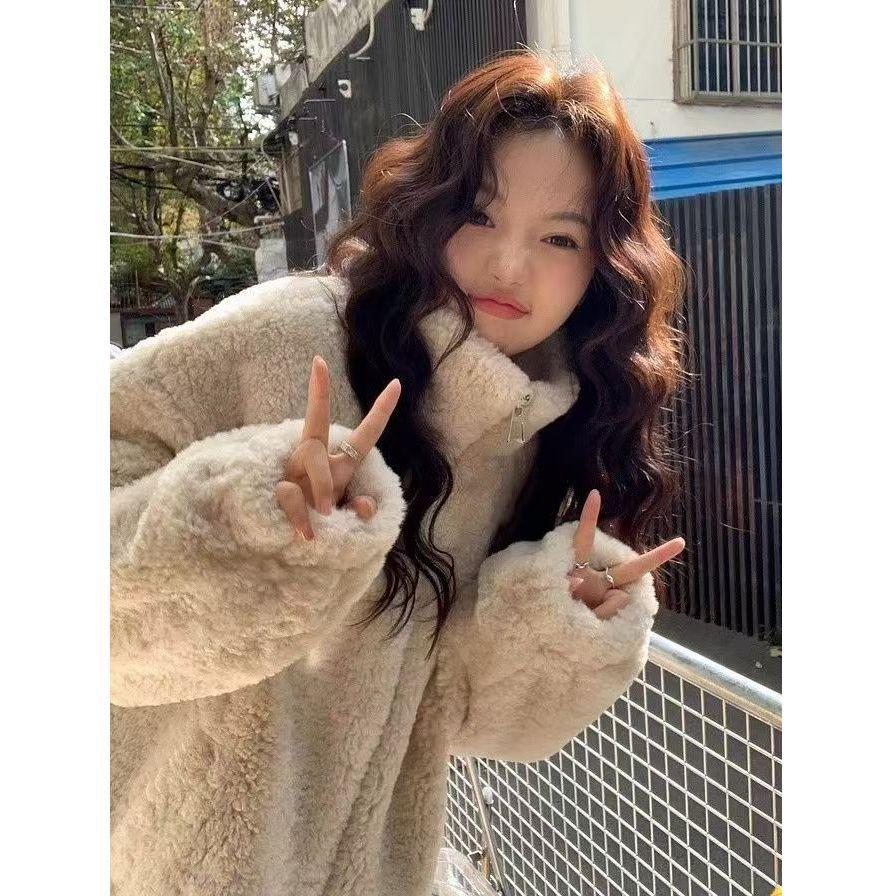 Women's Oversized Stand Collar Zip Up Fleece Jacket Double Sided Sherpa Thick Warm Teddy Coat Loose Loungewear Winter Outerwear