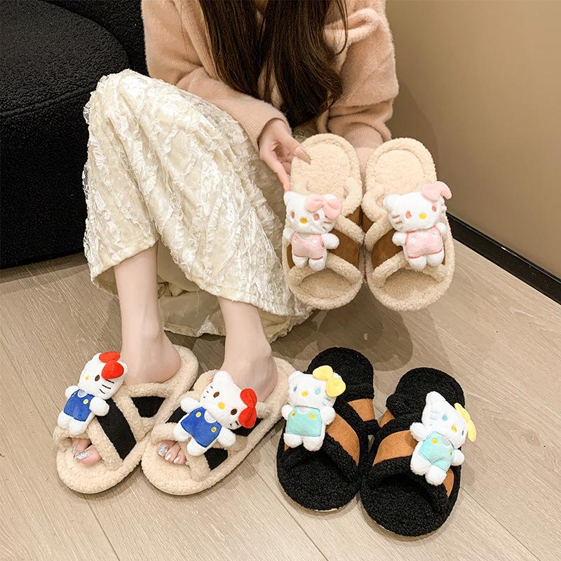 Cute Internet celebrity tide cartoon slippers women 2025 autumn and winter wear holiday non-slip home indoor wool cotton slippers