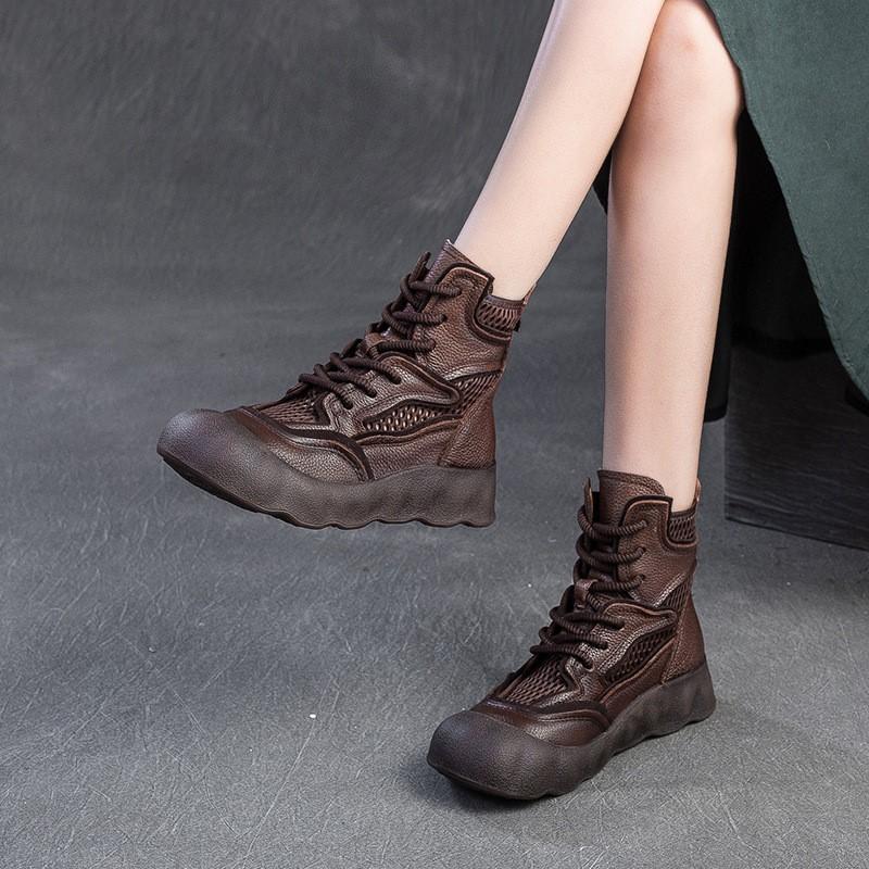 GKTINOO 2025 Spring/Summer New Hollow-out Breathable Retro Short Boots Genuine Leather Thick Soled Women's Shoes