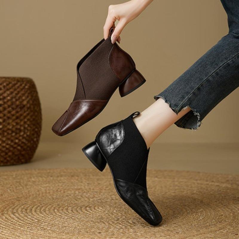 Französische Deep Mouth Einzelne Schuhe Damen Frühling und Herbst Eckige Zehen Kätzchenabsatz Blockabsatz Stretch Stiefeletten