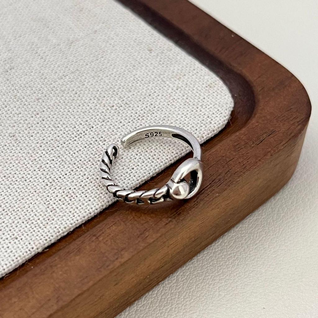 Korean Cable Knit Open Ring with Silver Beads - Niche Design Index & Tail Ring