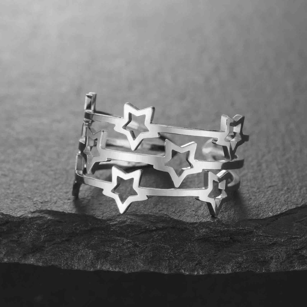 Women's Hollow Stars Ring Stainless Steel Adjustable Open Finger Rings Trendy Jewelry Birthday Gift