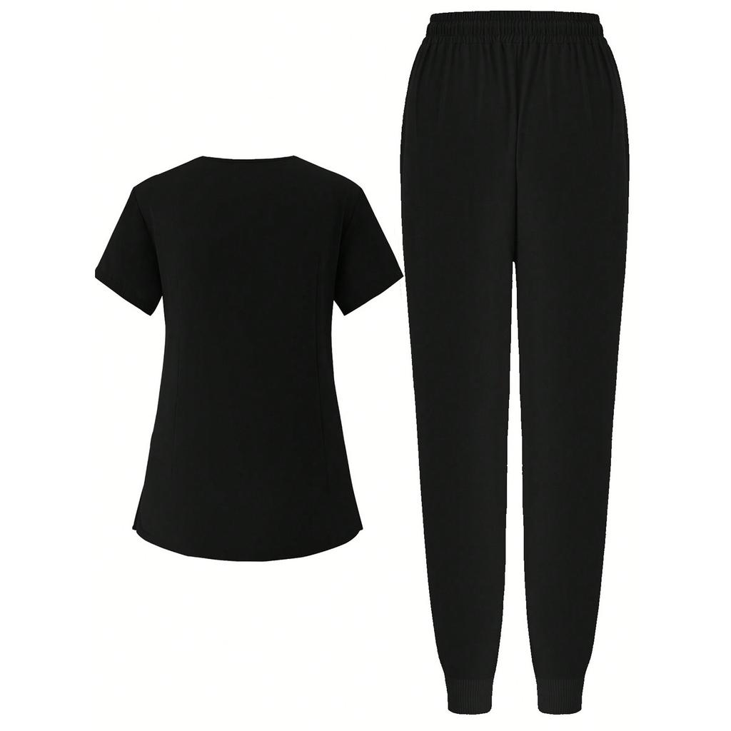 Short Sleeved Solid Color Round Neck Pocket Top Pants Work Clothes Two-Piece Set