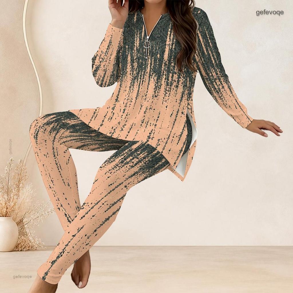 Women Plus Size Blue Printed Front Zip Long Sleeve Longline Top Fitted Pants Two Piece Set