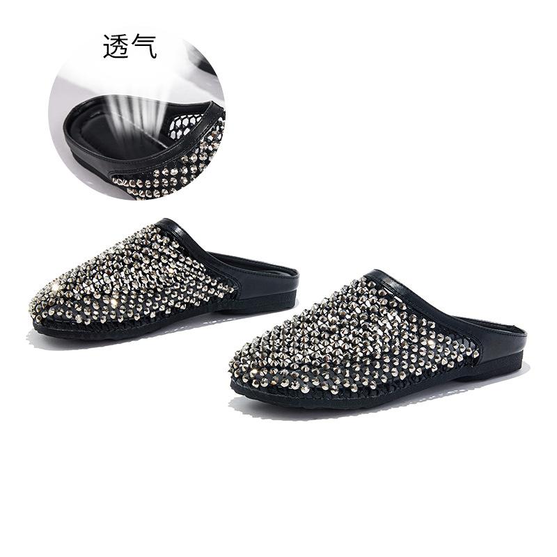 Baotou Slippers Women's 2025 Summer New Rhinestone Breathable Mesh Hollow Outside Wear Half Drag Women's Casual Flat Women's Shoes