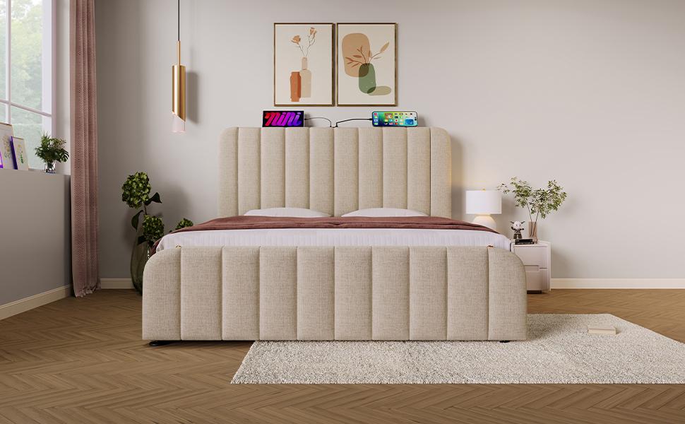 Double Bed, Upholstered Headboard, Golden Decorative Stripes, USB Type-C Charging, 140*200 cm, Beige Linen, Hydraulic Storage, 181 kg (With Mattress)