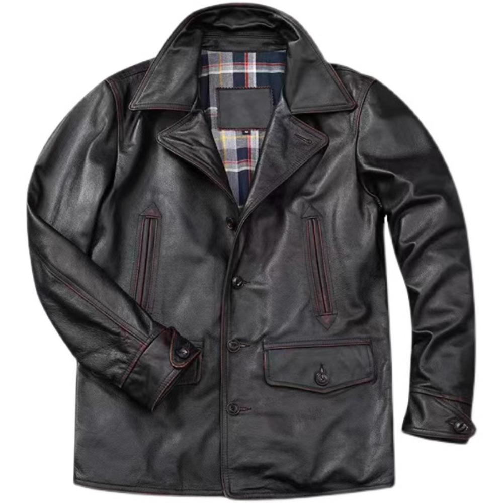 Giacca lunga da uomo in vera pelle, taglia cinese, classica, nera, in pelle di mucca, casual, in tessuto di pelle