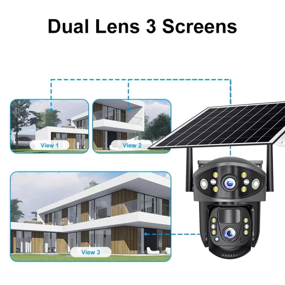 Solar-powered Charging Monitor, Wireless WIFI 4G Camera with Night Vision, High-definition Dual-lens Dual-view Home Security Camera.