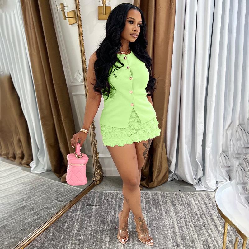 Женский трехмерный цветочный топ без рукавов и облегающая юбка, комплект, европейский и американский стиль Extra Large зелёный