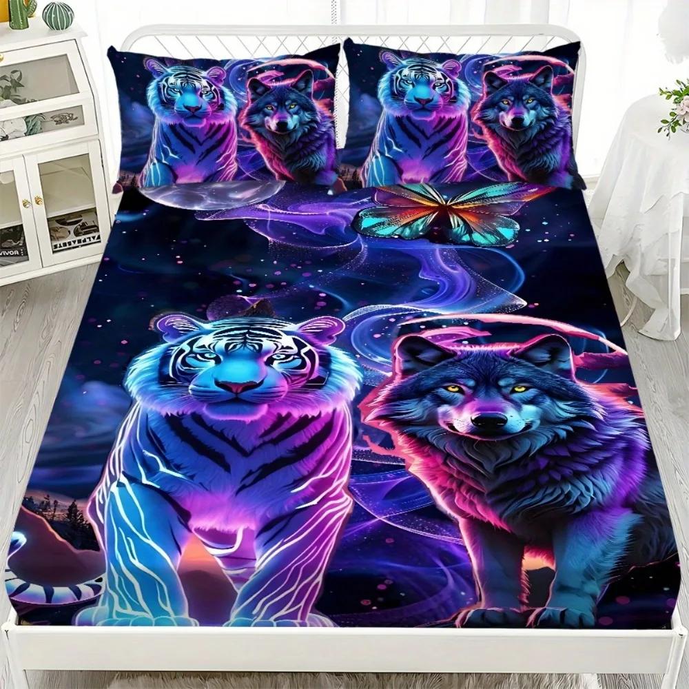 1 Stück Spannbettlaken Lila Katze Drachenaugen Spinne Gedruckt 100% Polyester Atmungsaktives Bettwäscheset für Heimdekor Ohne Kissenbezug