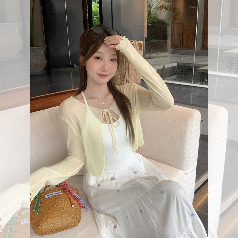 French temperament white thin fungus edge with long-sleeved sunscreen blouse cardigan women's summer with suspenders small top
