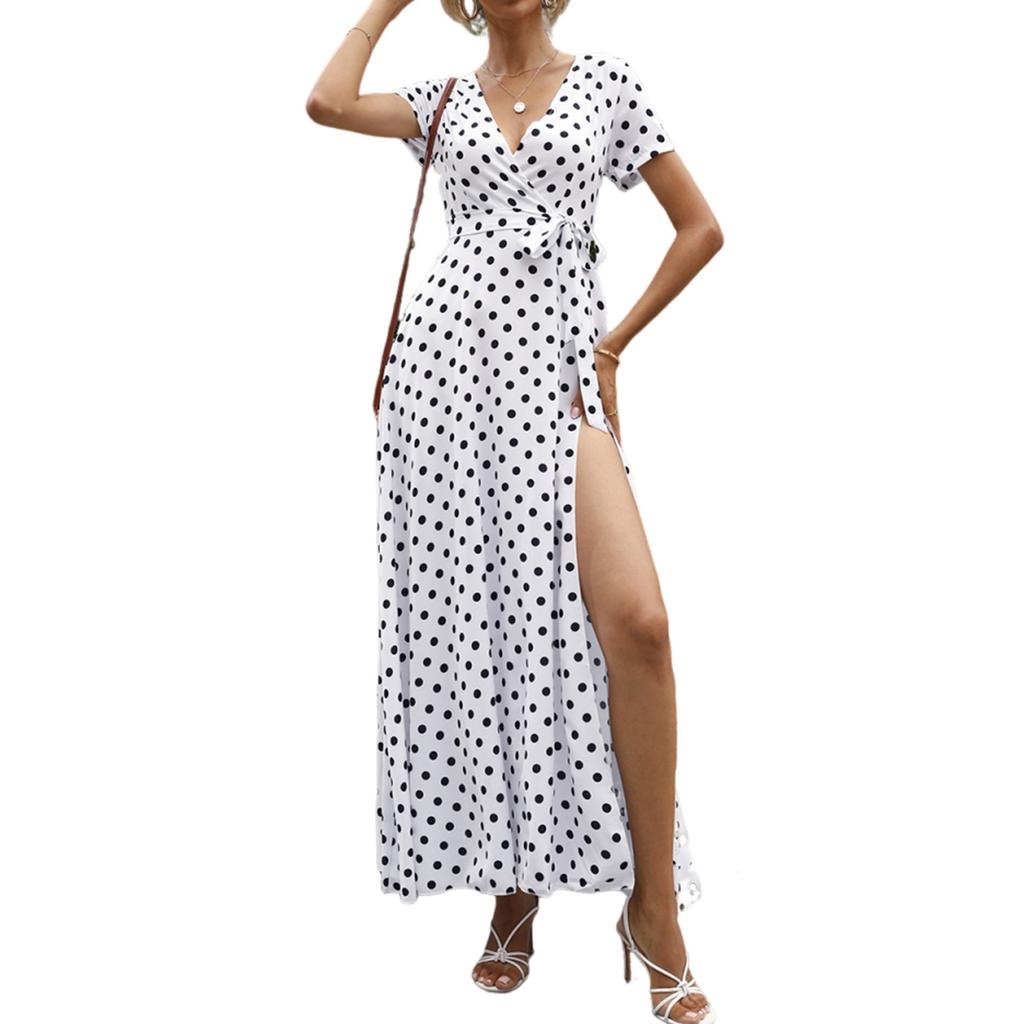 Women's Dresses Casual Elegant Waisted Polka Dot Split V-Neck Short Sleeve Dresses
