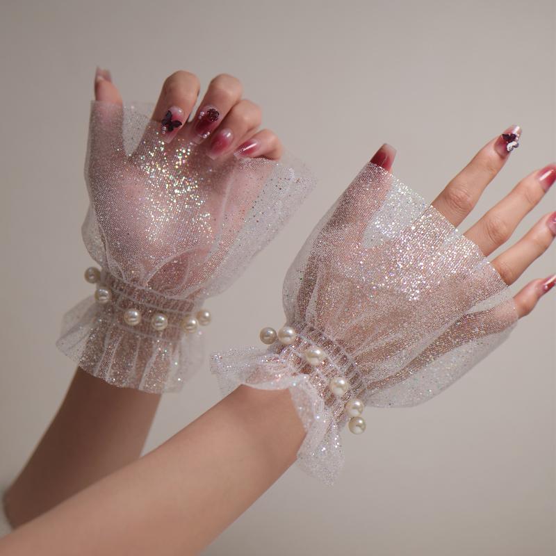 Short Pearl Lace Wrist Fake Sleeves Bride Decorative False Cuff Tulle Item Nail Art Take Picture Background Nail Photo Equipment