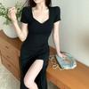 Summer New Korean Version of High Waist Pleated Design Sense V-neck Slim-fit Hip-wrap Over Knee Temperament Split-end Slim Dress