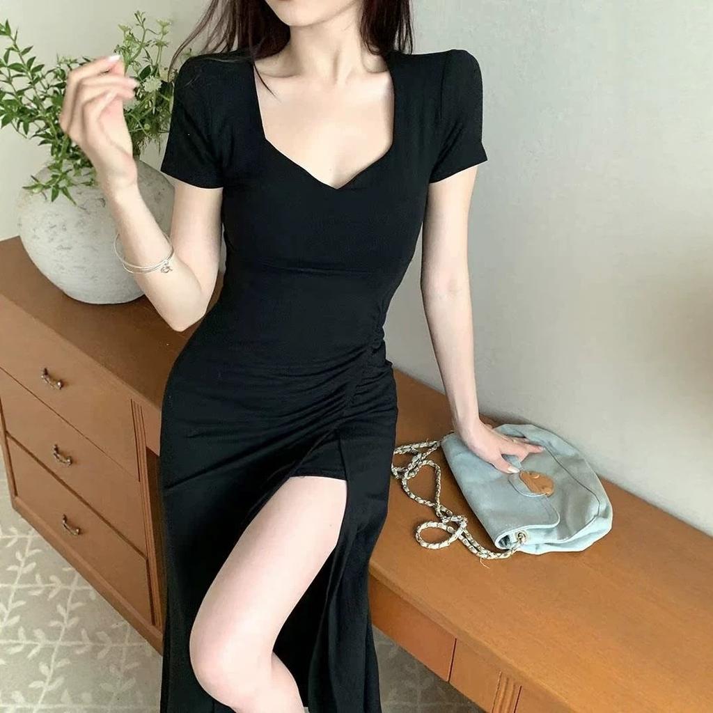 Summer New Korean Version of High Waist Pleated Design Sense V-neck Slim-fit Hip-wrap Over Knee Temperament Split-end Slim Dress