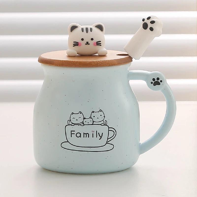 Cute Cartoon Cat Ceramic Mug with Lid and Spoon – Breakfast Coffee Cup