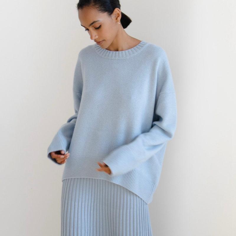 Women Autumn Winter Knit Crew Neck Long Sleeve Loose Solid Color Knitted Sweater