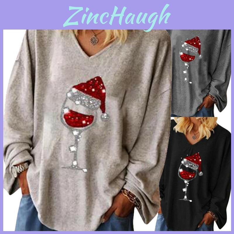 Elegante T-shirt da Donna di Natale con Bicchiere di Vino, Scollo a V, Manica Lunga, Top