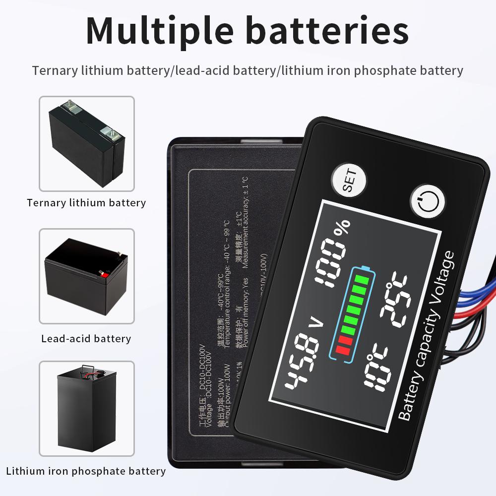 Lead-acid Lithium LiFe PO4 Voltage Tester Battery Meter DC10-100V Battery Capacity Indicator with Temperature Control Sensor