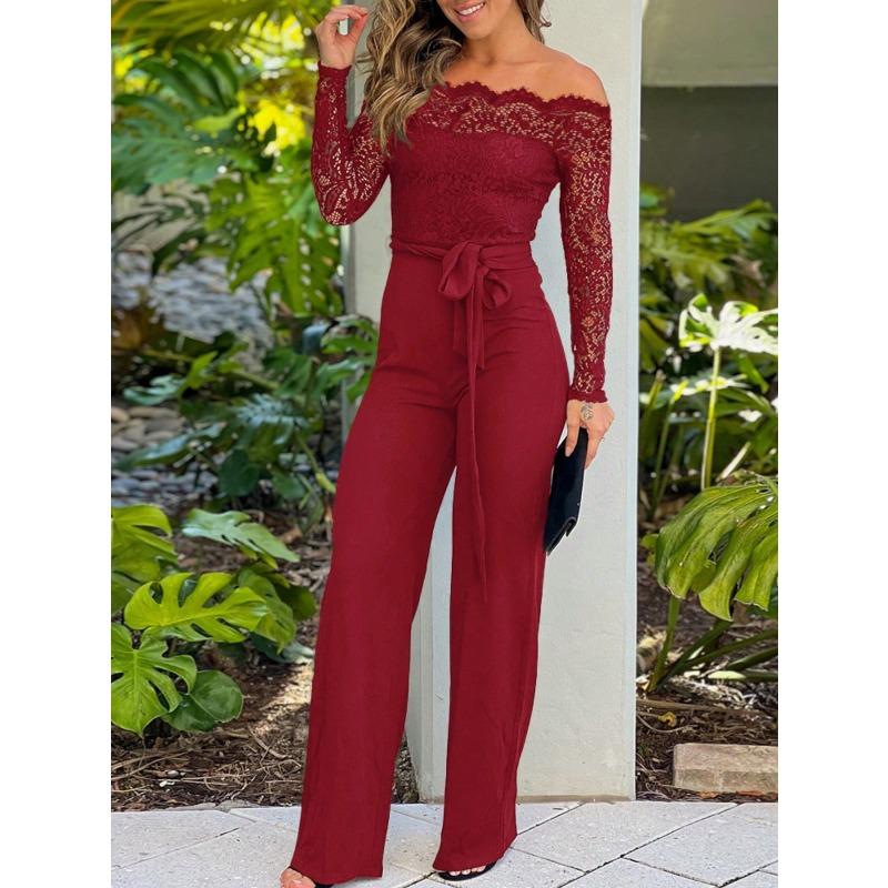 Mode för kvinnor Casual Vår Höst Enfärgade Tryck Långärmade V-ringning Hög Midja Byxor Jumpsuits Jumpsuits