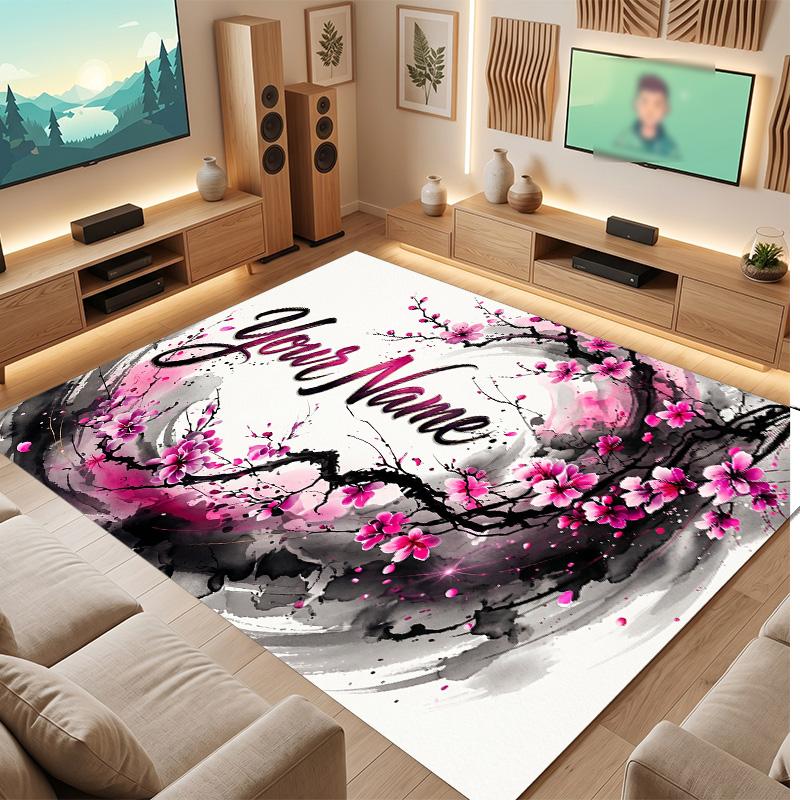 Floral Garden Theme Soft Crystal Velvet Rug Custom Name & Text Print Non Slip Floor Rug for Bedroom Living Room