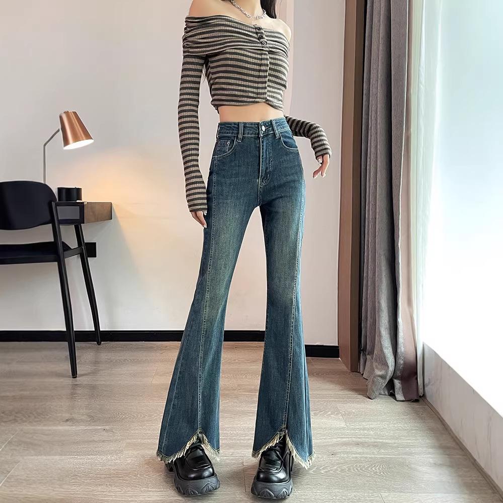 Women's High Waist Slimming Velvet Tassel Flare Jeans with Split Hem - 2025 Autumn/Winter Collection