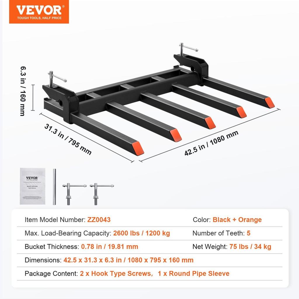 Clamp On Debris Forks To 48" Bucket, 2600 Lbs Capacity Heavy Duty Clamp On Pallet Forks Bucket Attachments, Fit for Loader Bucket Skidsteer Tractor To