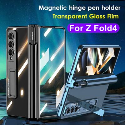 Plating Magnetic Hinge Pen Slot Case For Samsung Galaxy Z Fold 4 Cover Clear Bracket Cover For Z Fold4 5g