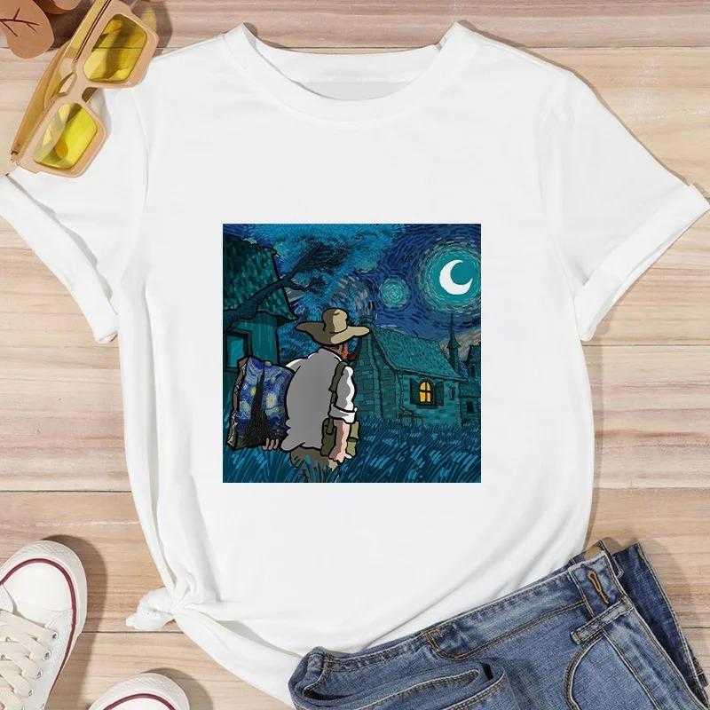ZX TEE Van Gogh Printed Streetwear Fashion Girls T-Shirts Harajuku White Clothing Short Sleeve Summer Tees Casual Female O-Neck Tops