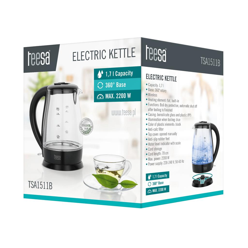 Teesa cordless electric kettle, glass, black, 2200W, 1.7L