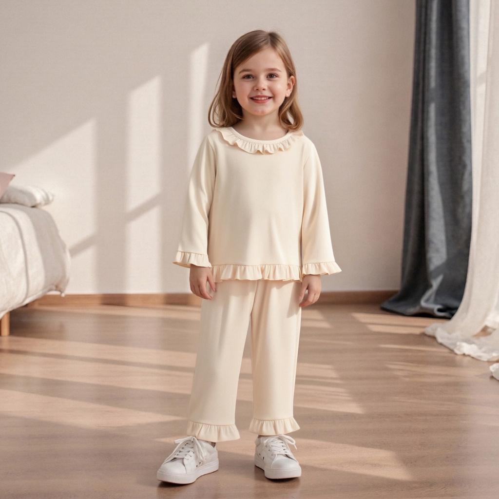 Toddler Girl Fall Outfits Solid Color Long Sleeve Ruffled Round Neck Tops Elastic Waist Long Pants 2 Pcs Set