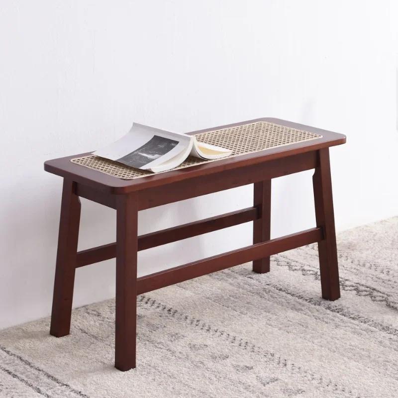 Rattan Weaving Solid Wood Bench - Nordic Shoe Stool for Living Room & Dining
