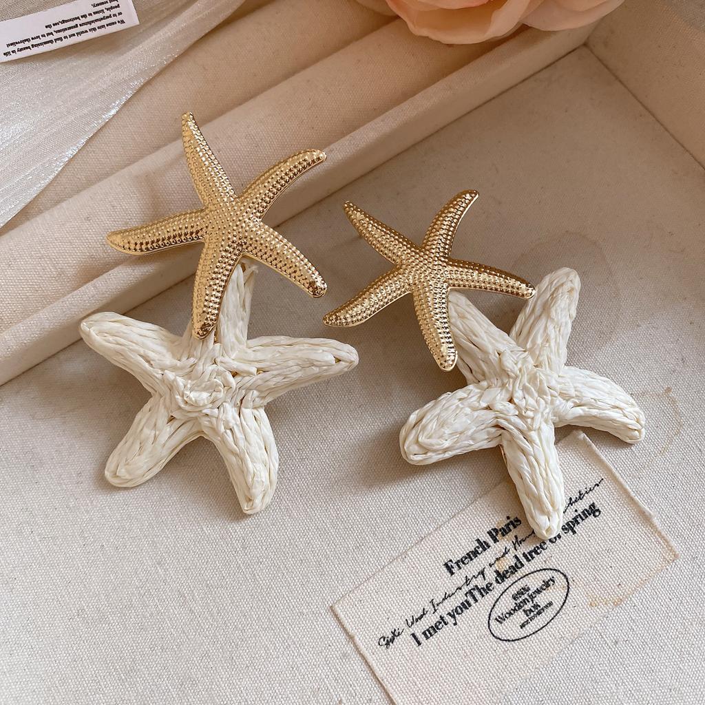 Silver Needle Raffia Star Stud Earrings Seaside Vacation Style