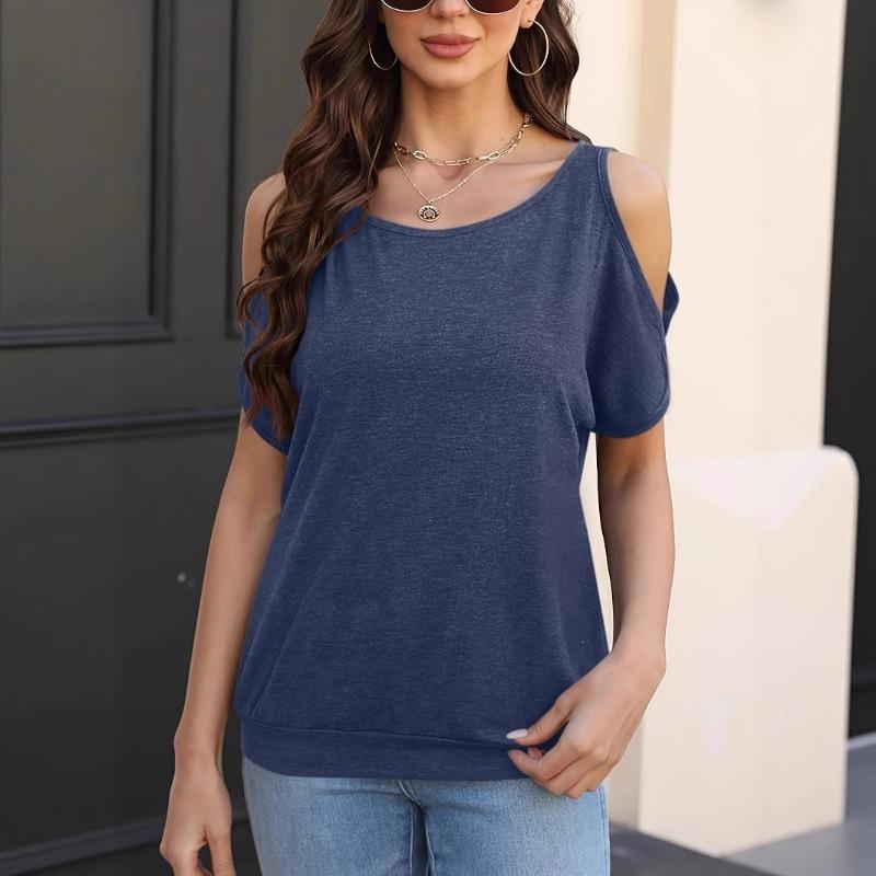 2025 Spring Summer Sexy Off-the-shoulder Short Sleeved Women Blouse Crew Neck Loose T-shirt Casual Simple Basic Solid Color Office Women Top Shirts