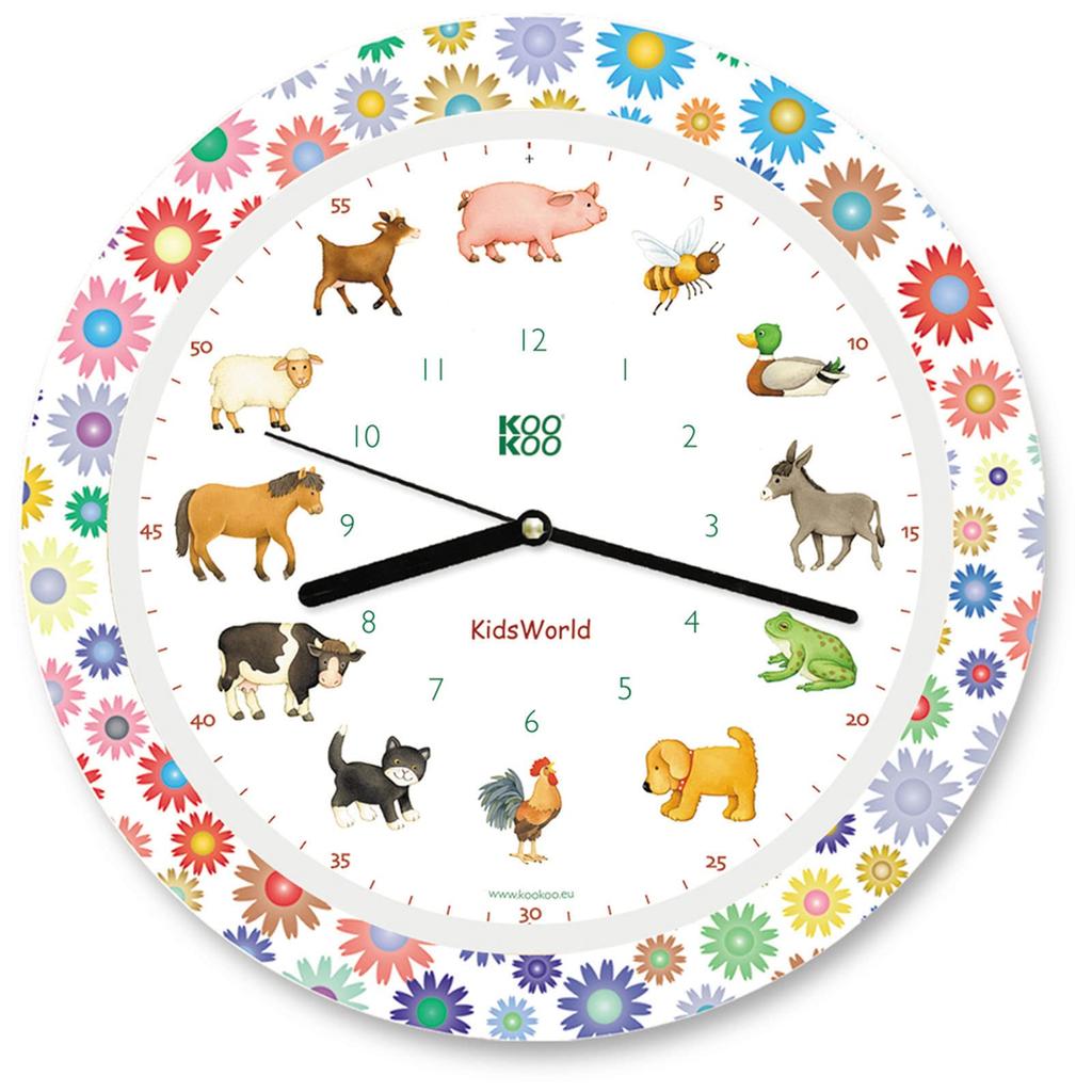 KOOKOO Kids World Yellow Animal Sounds Wall Clock with 12 Farm Animals Telling Time, Cute Wall Clock, Perfect for Kids' Rooms, Soothing Sounds