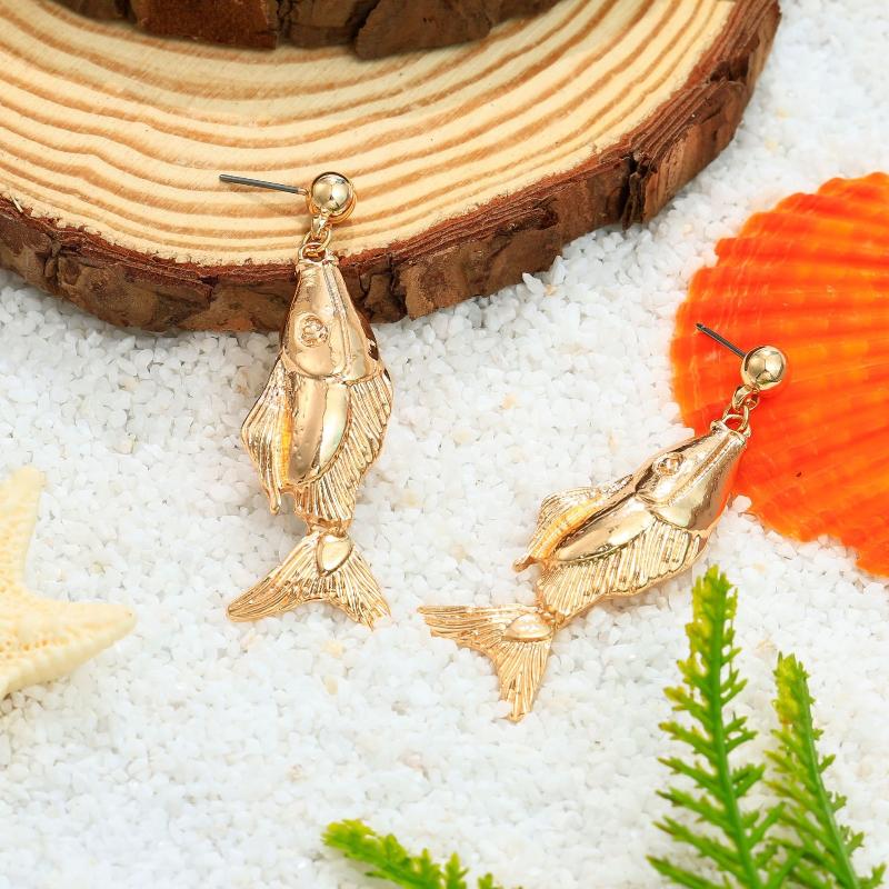 Titanium Steel Small Fish Earrings, Retro Artistic Style Long Earrings, Stainless Steel Gold-Plated Color Preserving Jewelry