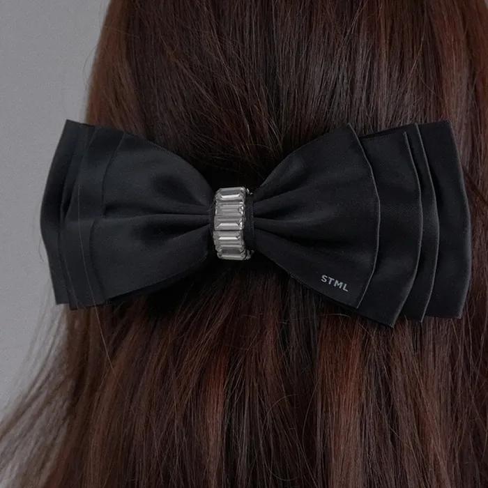 Crystal Buckle Satin Ribbon Hairpin_Black