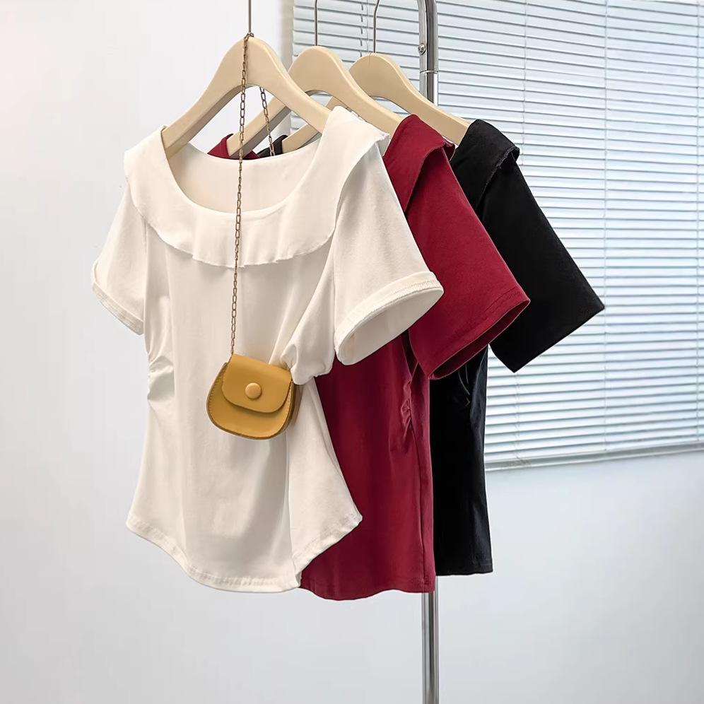 

2026 Plus Size Women s Elegant Ruffle Shoulder Short Sleeve Pleated T-shirt L брудно-білий