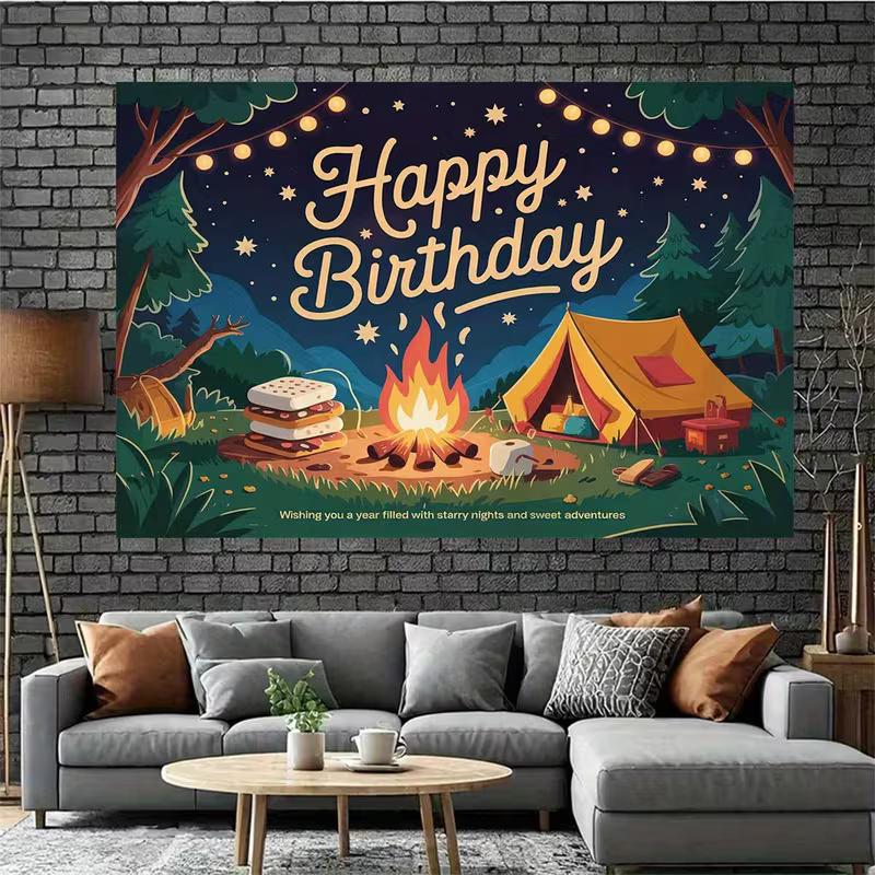 2D Cartoon Campfire Tent Birthday Backdrop Starry Night Outdoor Theme Party Decor Background