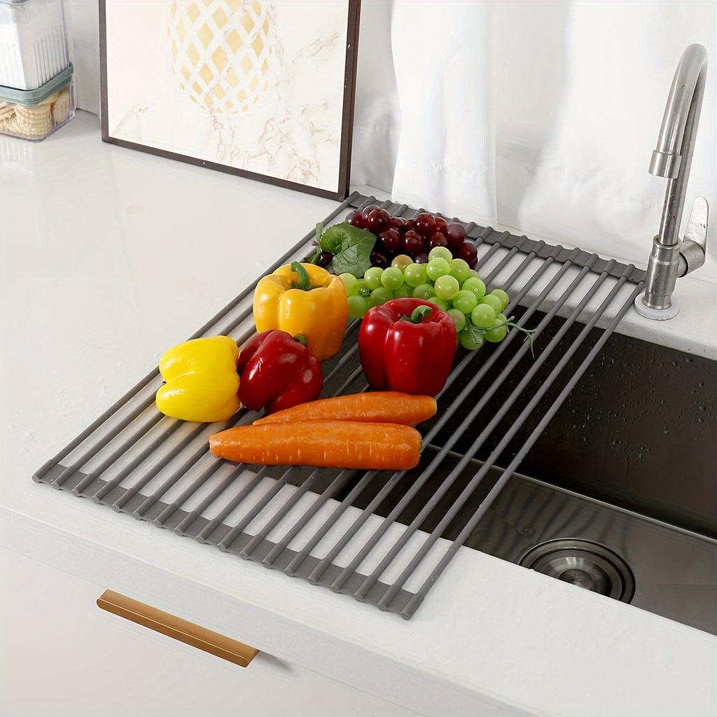 Silicone Drain Rack, Foldable Kitchen Sink Draining Rack for Vegetables And Dishes, Large Roll-up Folding Draining Rack with Heat Insulation Pad