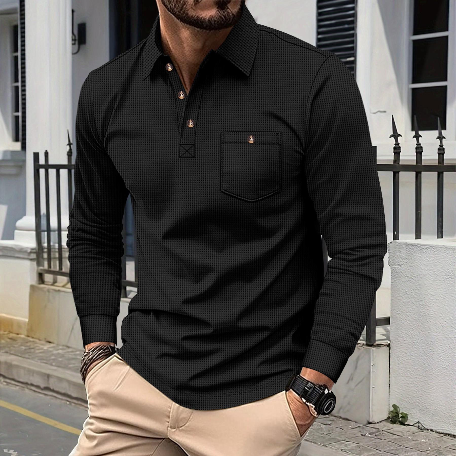 

Autumn Solid Color Waffle Knit Lapel Pocket Button Long Sleeve Polo Shirt Small