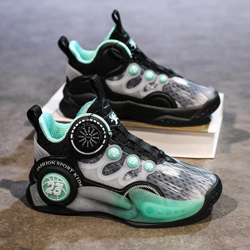 2025 Autumn and Winter New Boys Practical Training Children's Basketball Shoes Sports Shoes Medium and Older Children's Rotating Buckle Breathable Sne